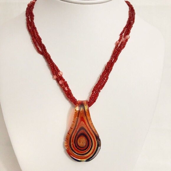 Glass Teardrop Pendant Red Beaded Necklace - Picture 3 of 8